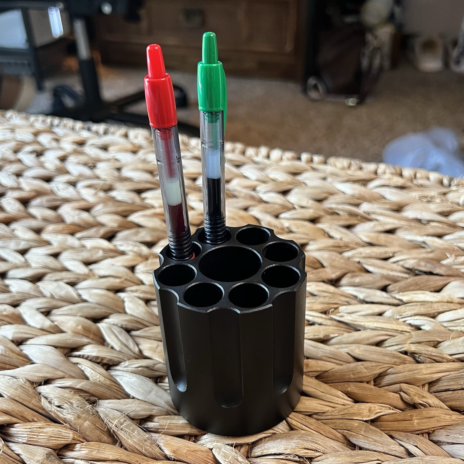 Black Metal Aluminum Pen Holder Revolver Magazine Design Padded Bottom Gift Idea