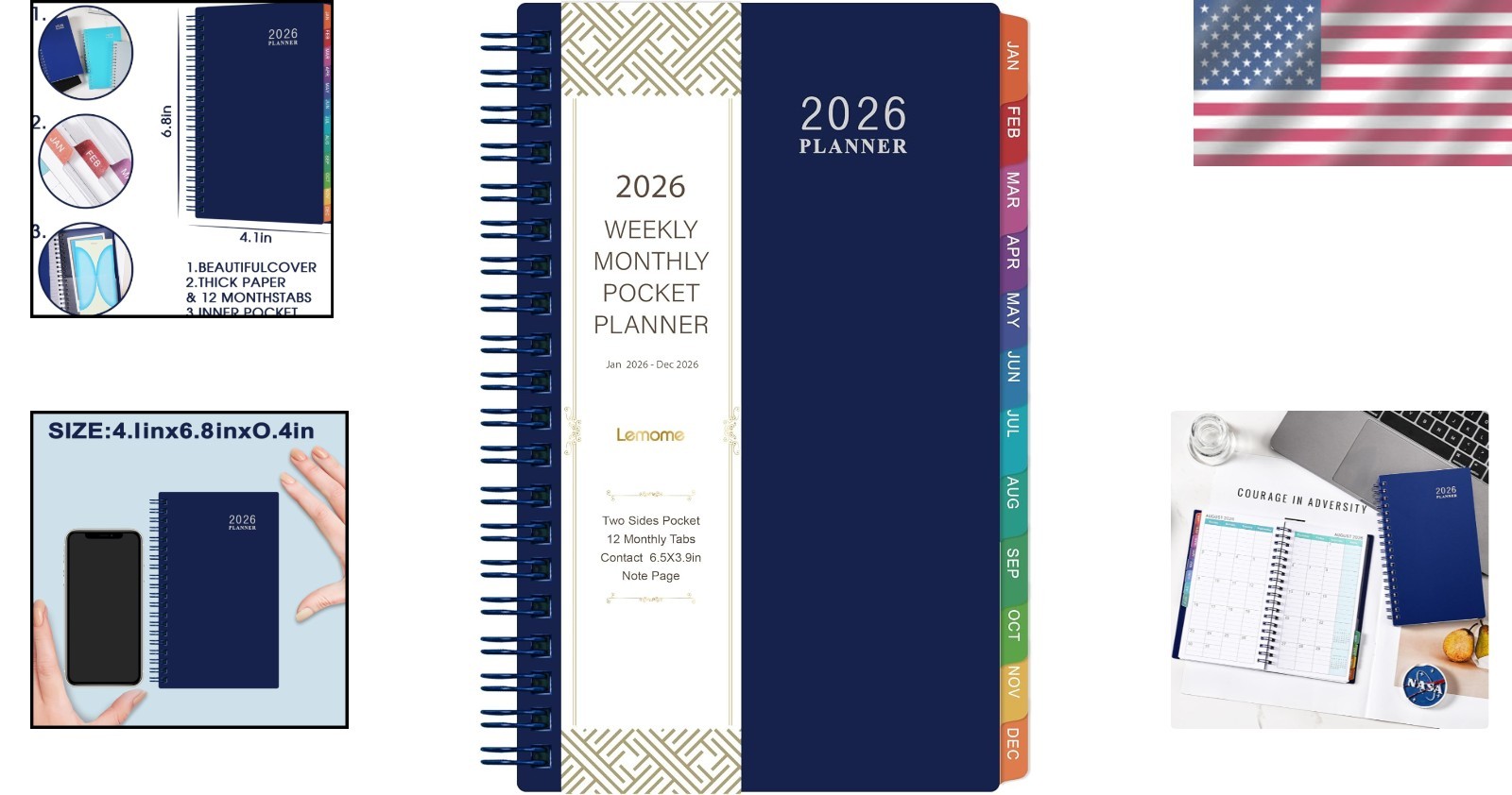 Navy Blue 2026 Pocket Planner with Weekly & Monthly Layout – On-the-Go Essential
