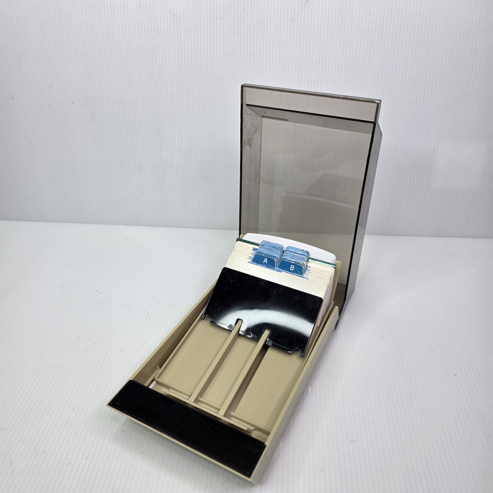 Vintage ROLODEX VIP-24C Smoke Top Card File Address Phone With Blue Index Tabs