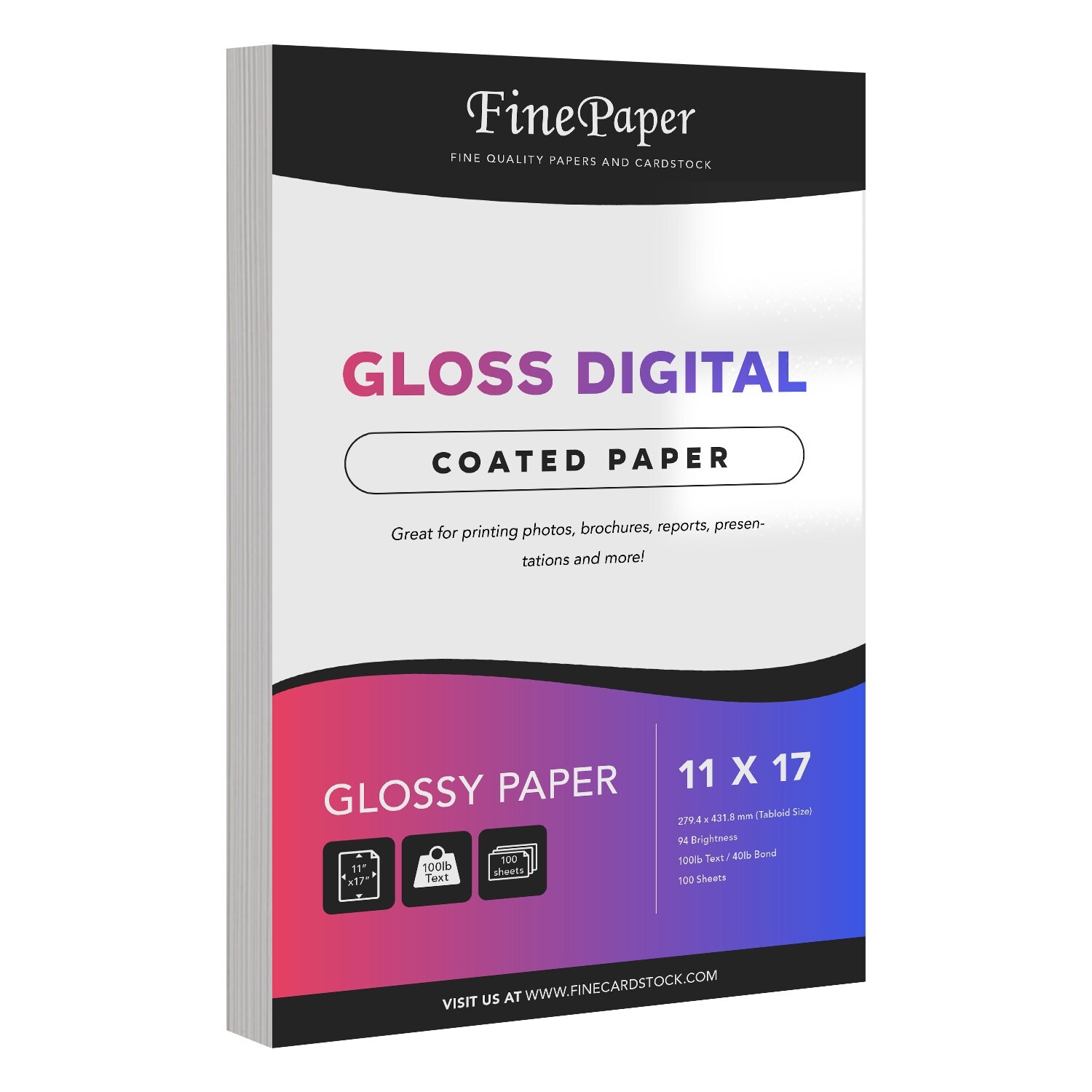 Double-Sided Gloss Digital Paper (C2S) 100lb Text Glossy – 11 x 17 – 100 Sheets