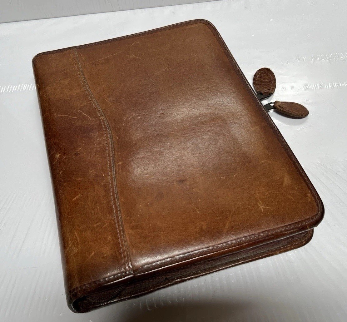 Vintage Day Timer Planner Brown Genuine Leather Organizer Binder Zip 7 Rings