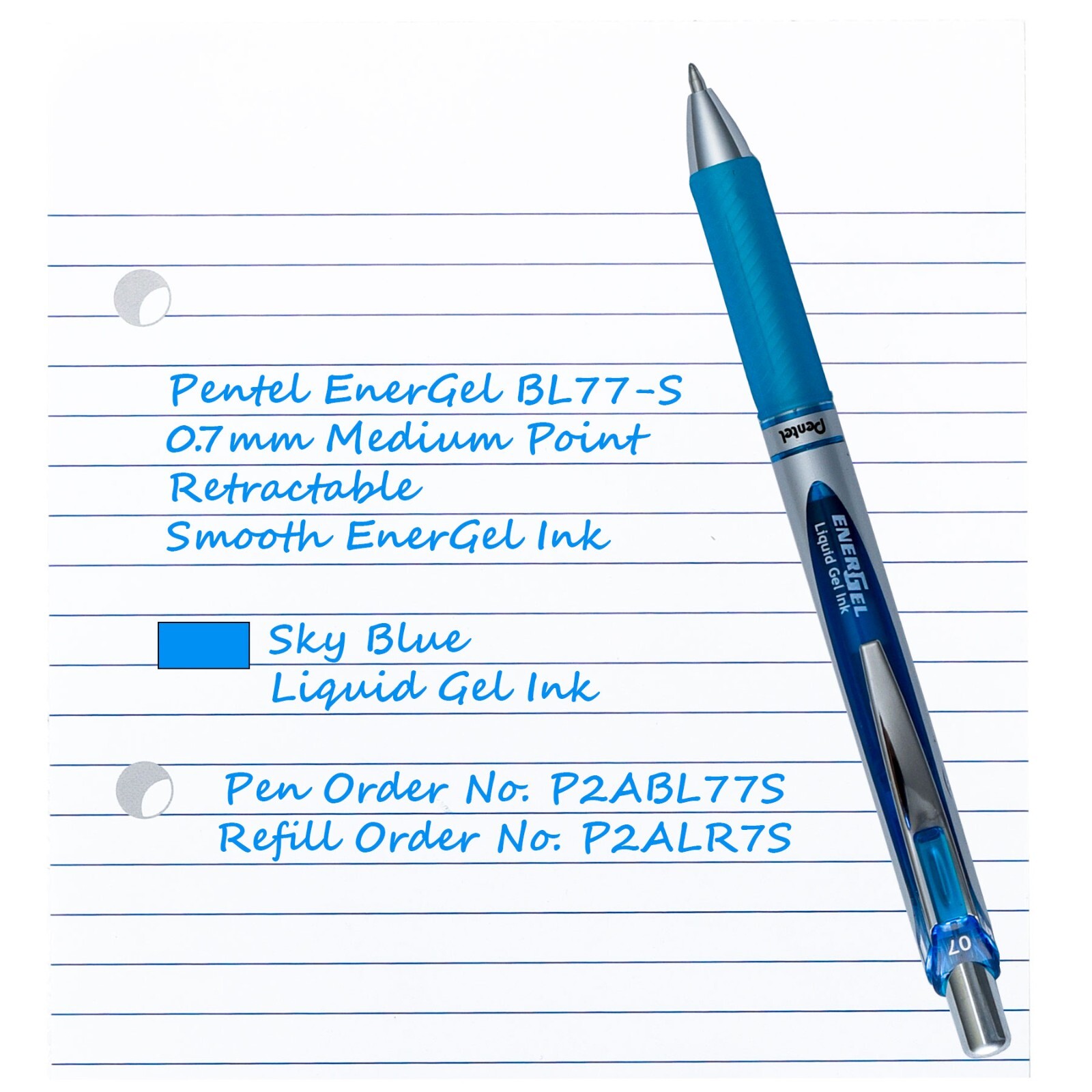 Pentel EnerGel RTX Sky Blue Liquid Gel Ink 0.7mm, 3 Pens with 5 Packs of Refills