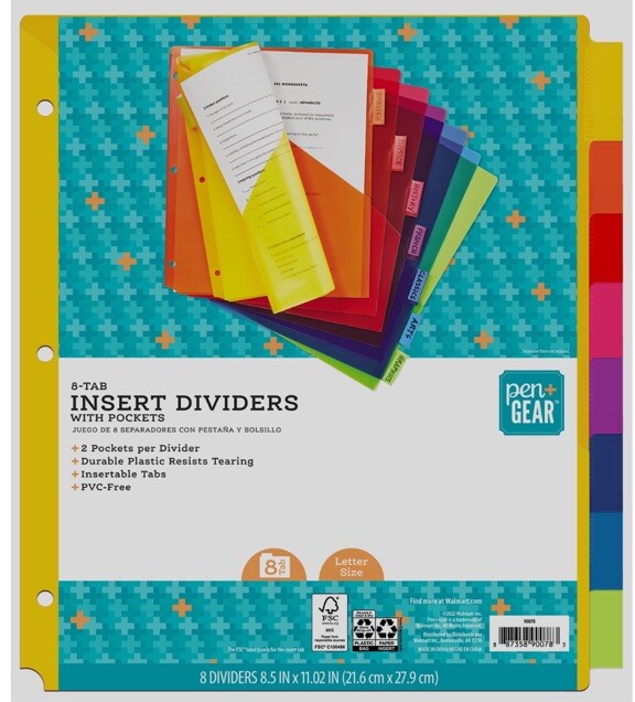 (3 Pack) Vibrant Color 8-Tab Insert Dividers With Pockets