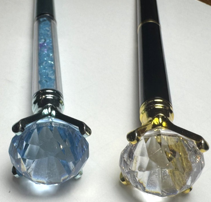 BUNDLE: 2 DIAMOND PENS W CRYSTAL TOP – BLACK – SKY BLUE – BLACK INK – PRE-OWNED