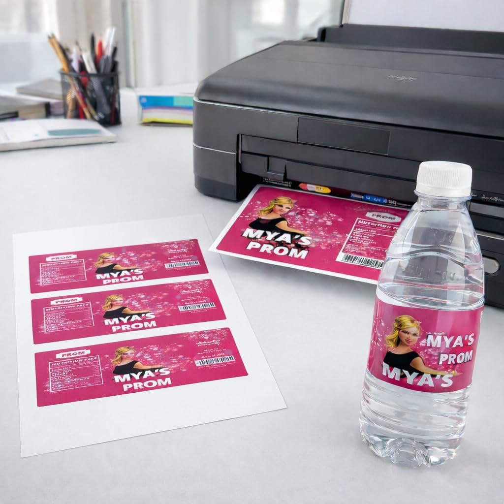 100 Pcs Water Bottle Labels 8.2×2 inch Printable Glossy White Waterproof Vinyl S