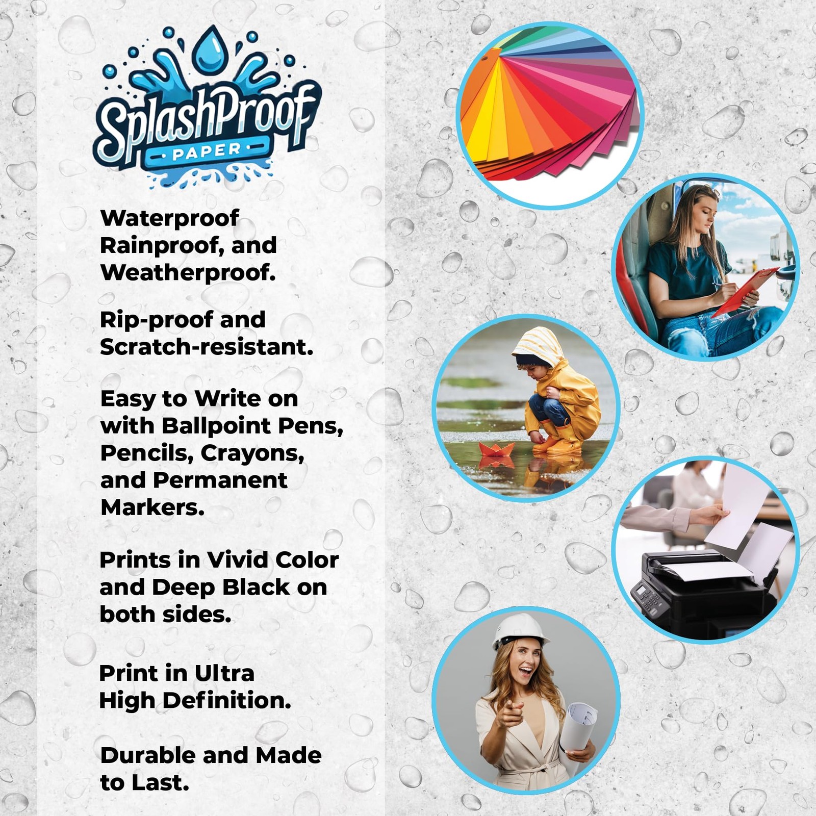 SplashProof Printer Paper – 8.5″ x 11″, 10 Mil Waterproof Paper, Laser White