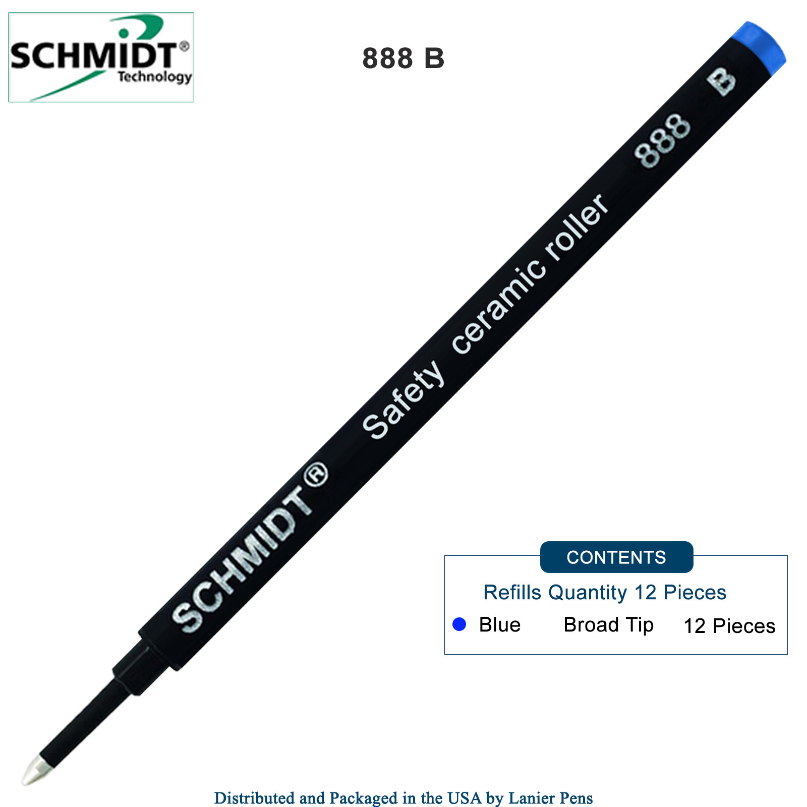 12X Schmidt 888 Safety Rollerball Ceramic Tip Pen Refills, Blue Broad Bold
