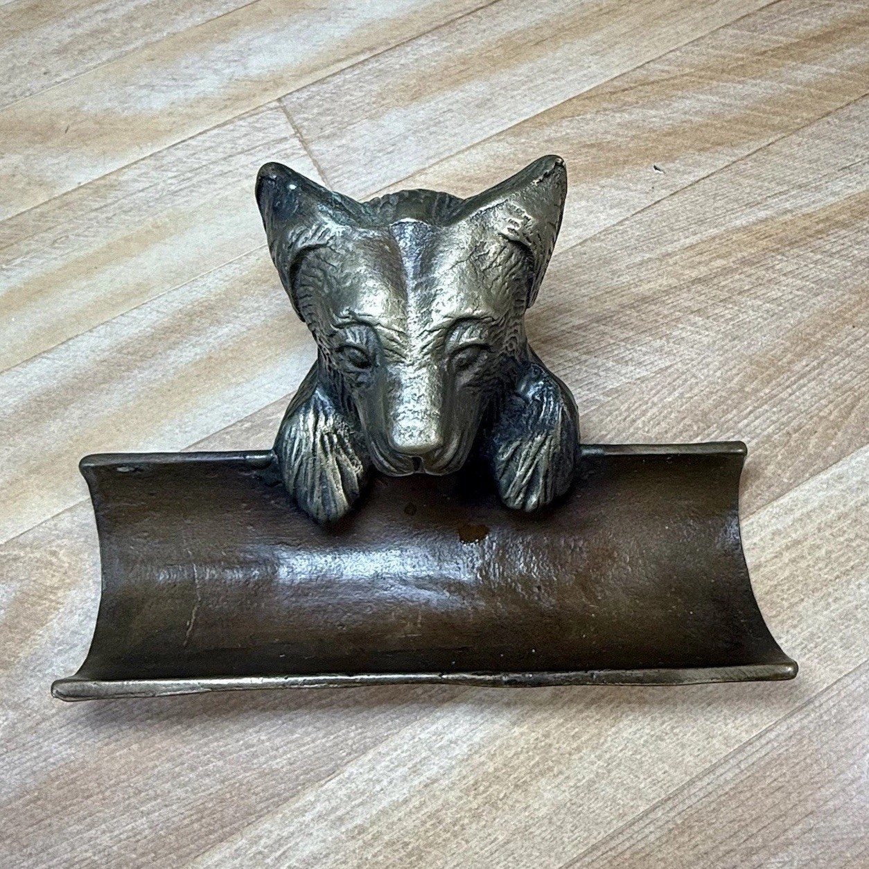 VTG Bronze Cast Metal Dog Puppy Office Desk Business Card Pen Holder 50s 60s 70s