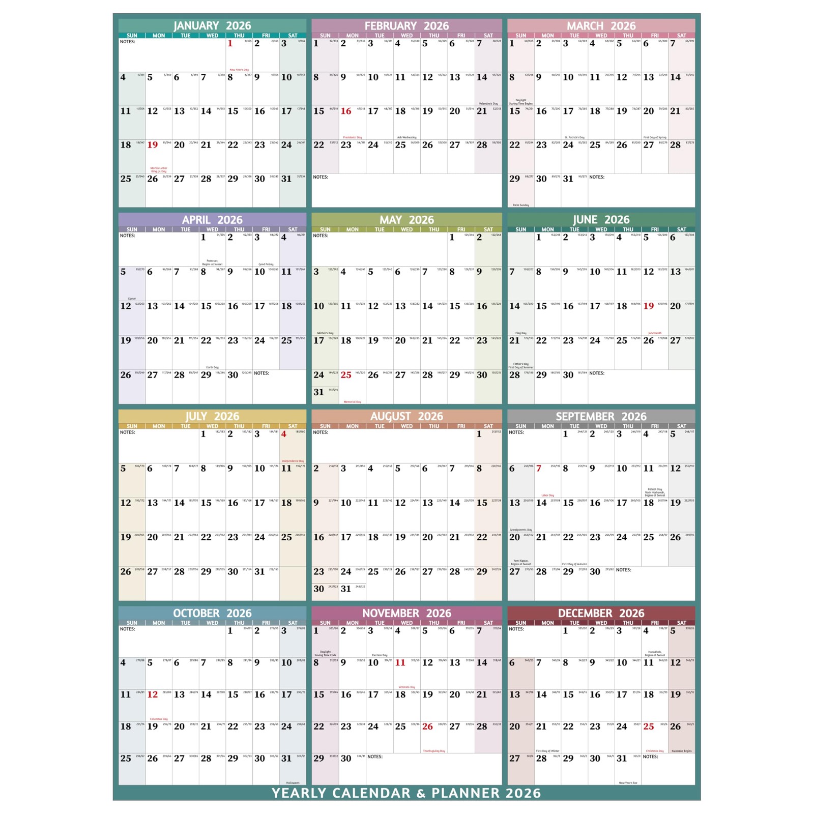 Yearly Wall Calendar 2026 – Large 2026 Vetical, multicolored