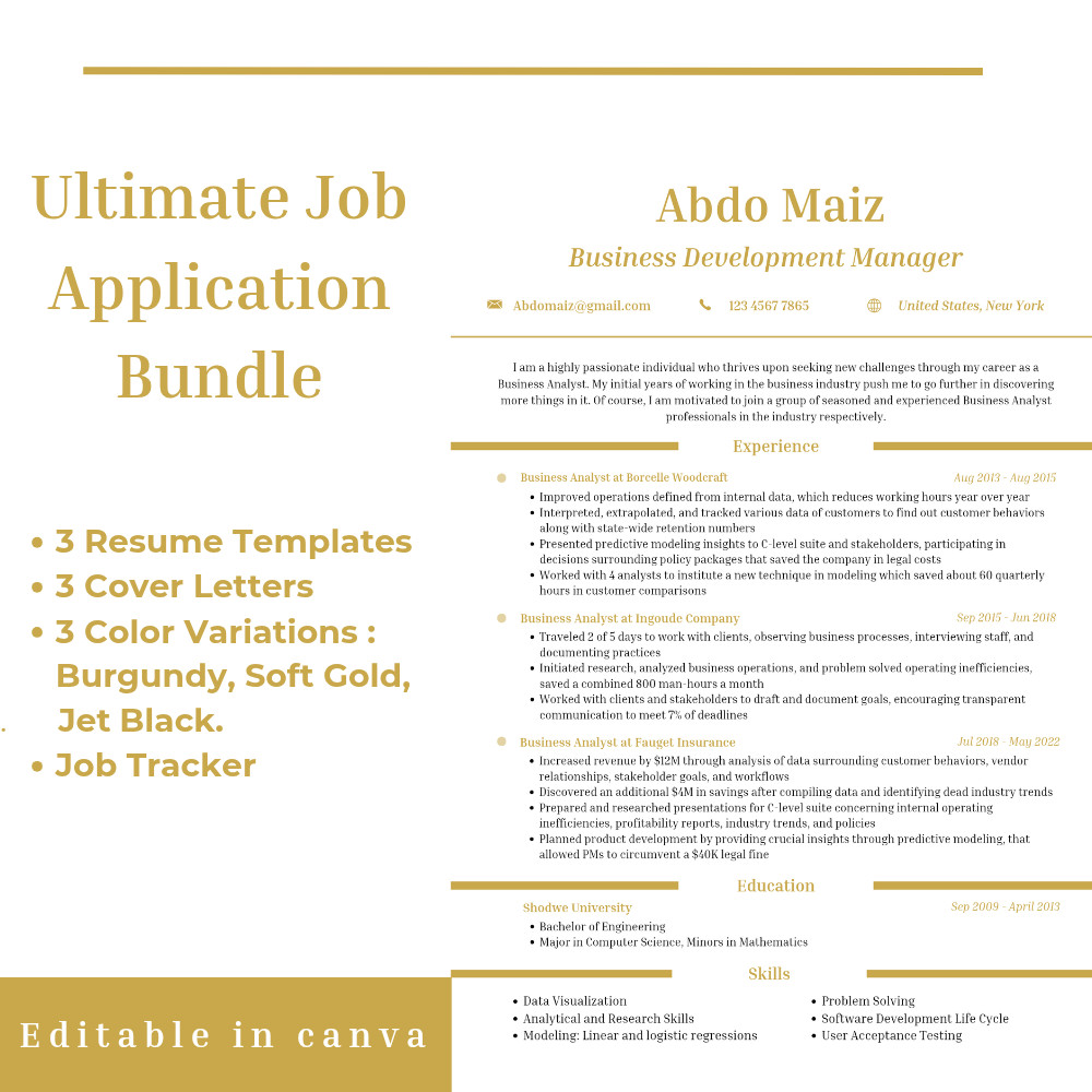 Professional Resume CV & Cover Letter Bundle + Job Tracker | Canva editable