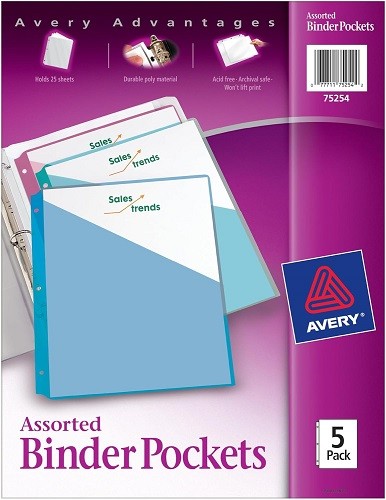 Binder Pockets Fits 3-Ring Binders Assorted (Blue Clear Green Pink Yellow) 5/PK