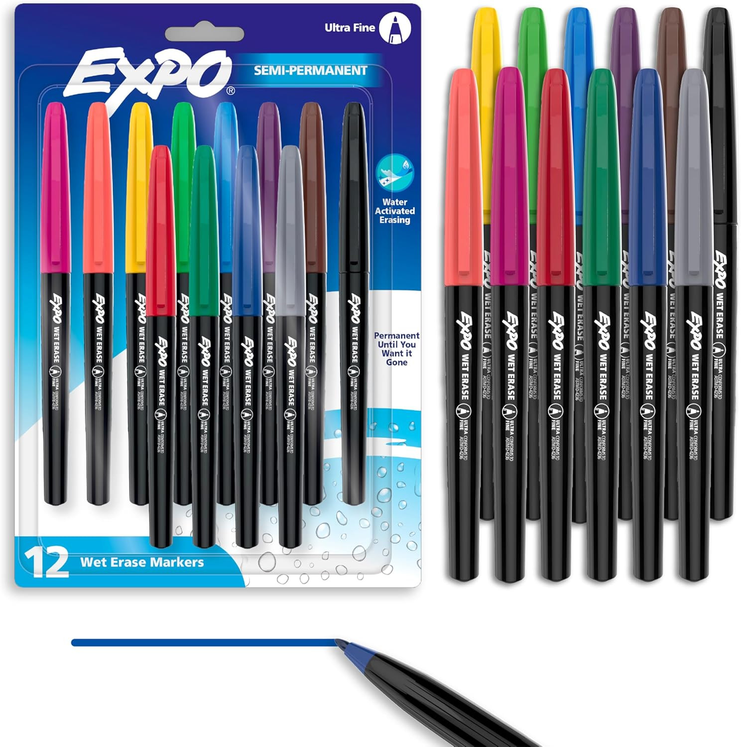 EXPO Wet Erase Markers, Semi-Permanent, Assorted Colors, Ultra Fine Tip, 12 Coun
