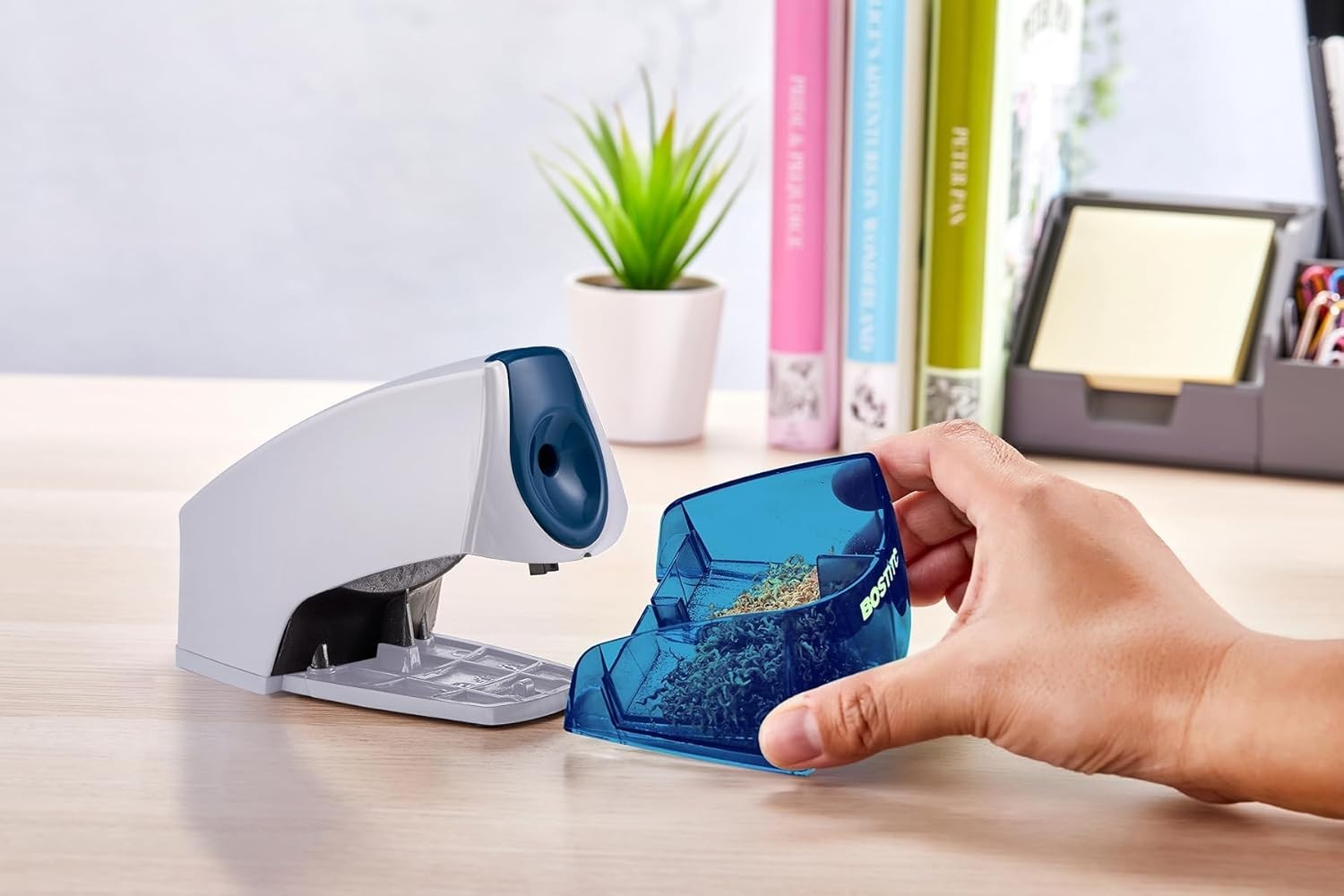 Blue Electric Pencil Sharpener with Large Shavings Tray & Safety Switch