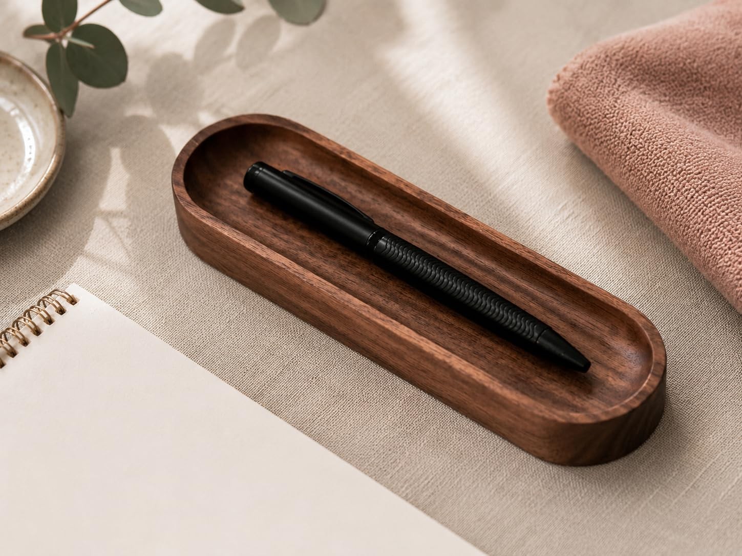 Timber Box Design Walnut Wood Pen Tray, Minimalist Oval Wooden Pencil Holder,…