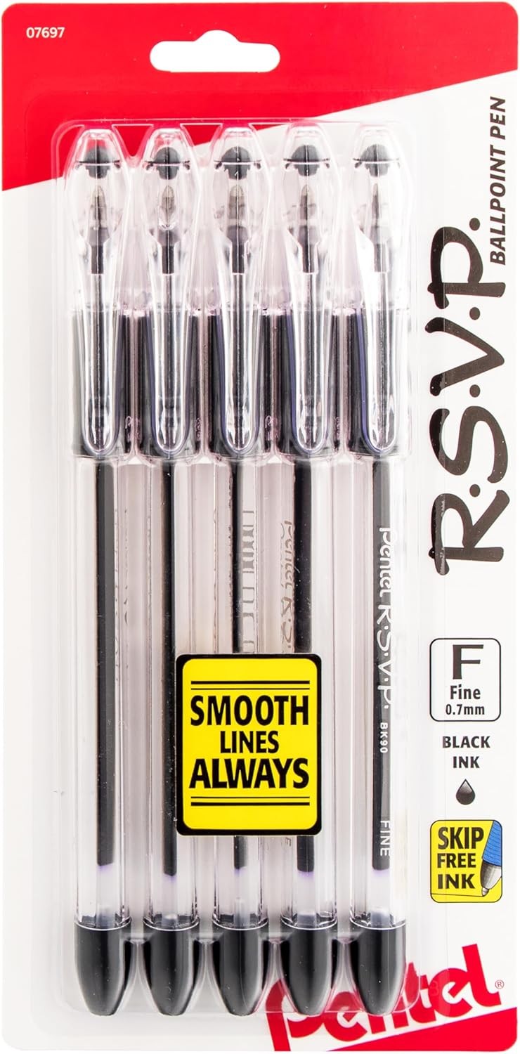 R.S.V.P.® Ballpoint Pens, Fine Point, 0.7 mm, Clear Barrel, Black Ink, Pack Of 5