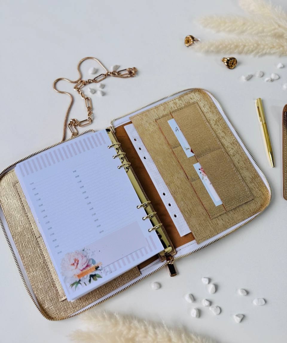 Golden leather Binder Planner Journal Gift A5. Dairy planner organizer handmade.