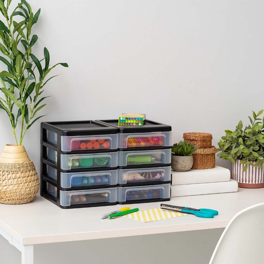 Small 4-Drawer Compact Organizer, Stacking Desktop Unit, Black-Clear, Set of 2