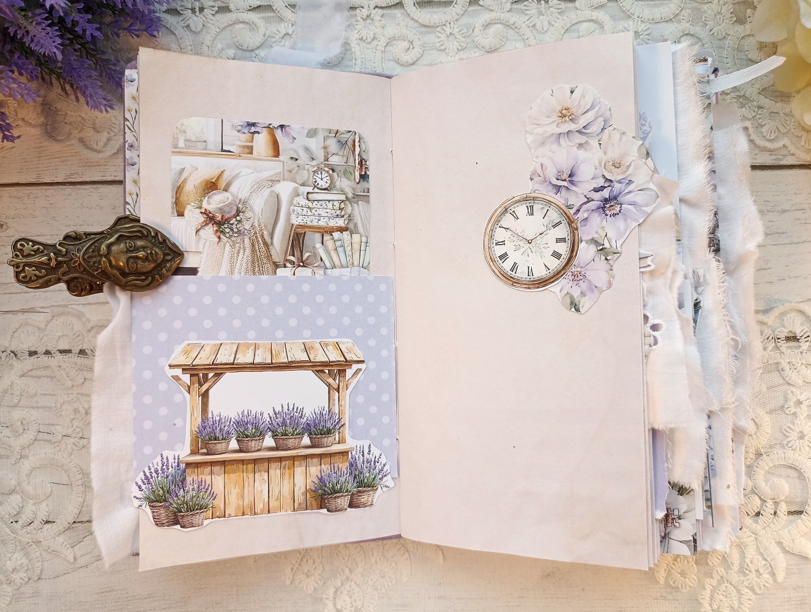 Junk Journal Handmade Lace Purple Lavender Notebook Decorated USA 8×4 in
