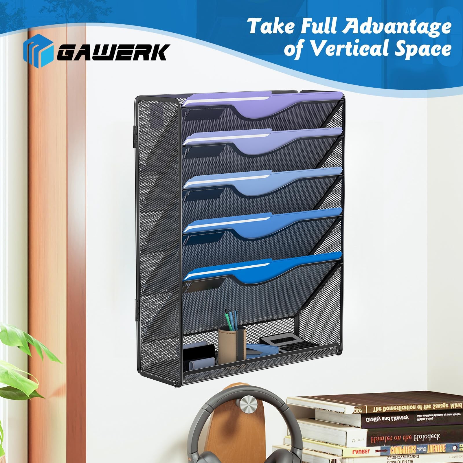 Gawerk 6 Tier Hanging File Organizer, Mesh Wall Holder Paper 6-T, Black