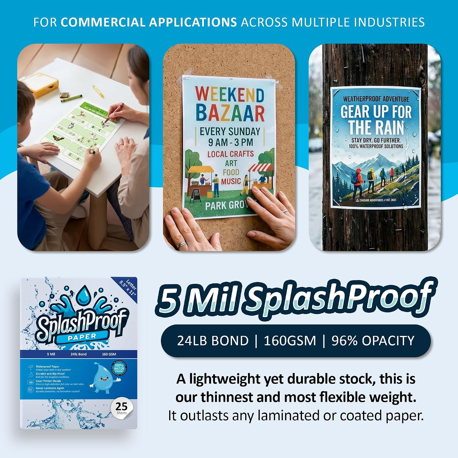 Printer Paper – 8.5″ x 11″, Letter 5 Mil Waterproof Paper, Laser Printer & Copy