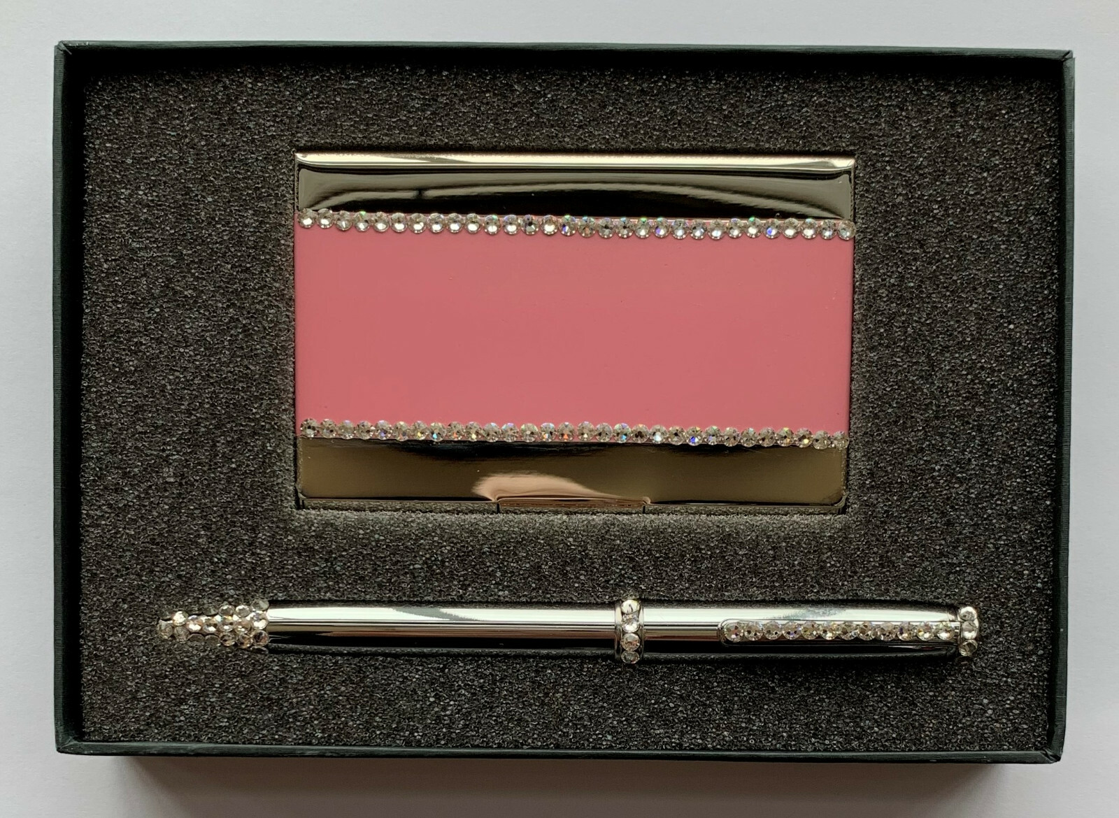 Silver Metal Card Holder & Pen with Swaroski Crystal Decoration in Gift Box