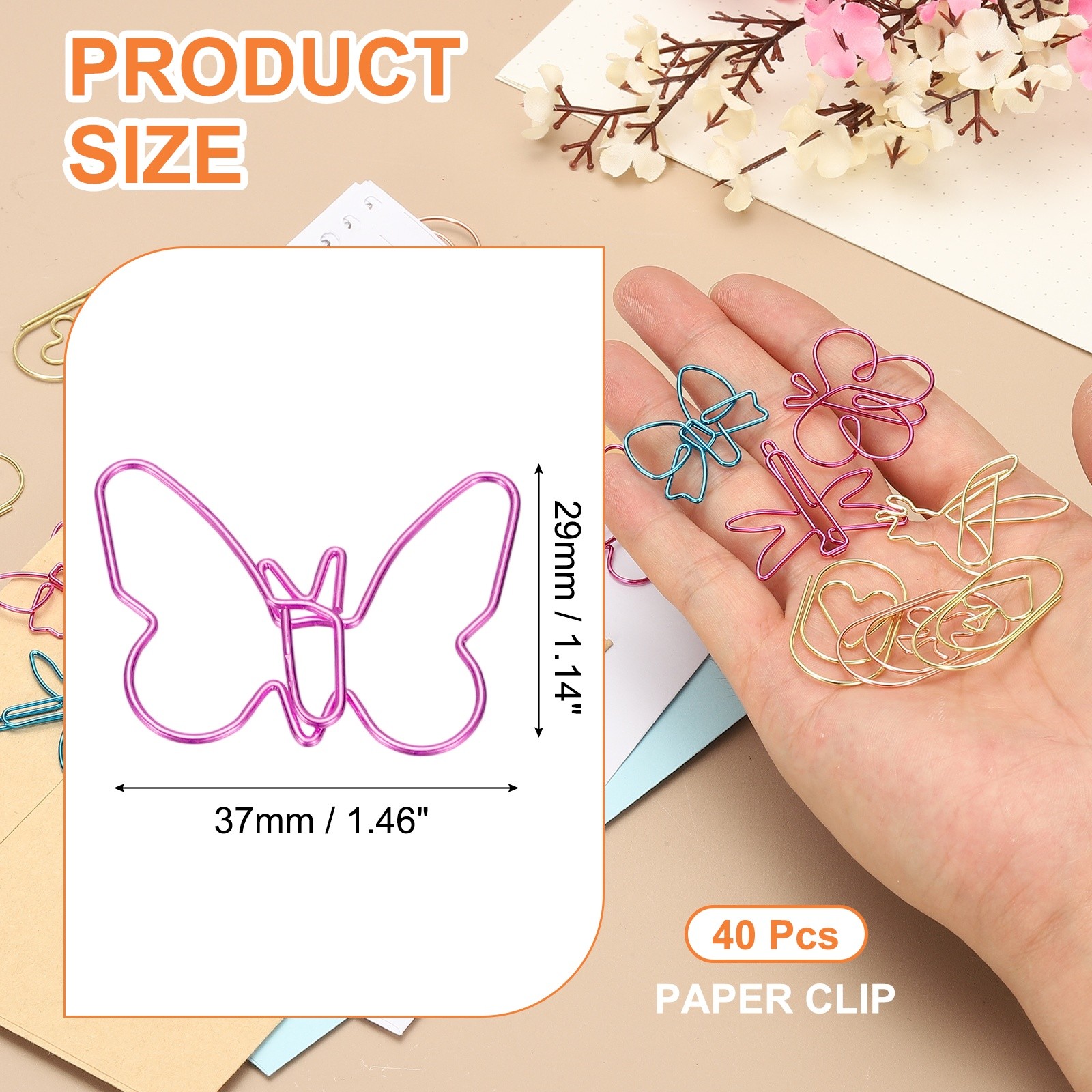 40pcs Paper Clip, Butterfly Shape Paper Clip Small Cute, 37mm, Pink