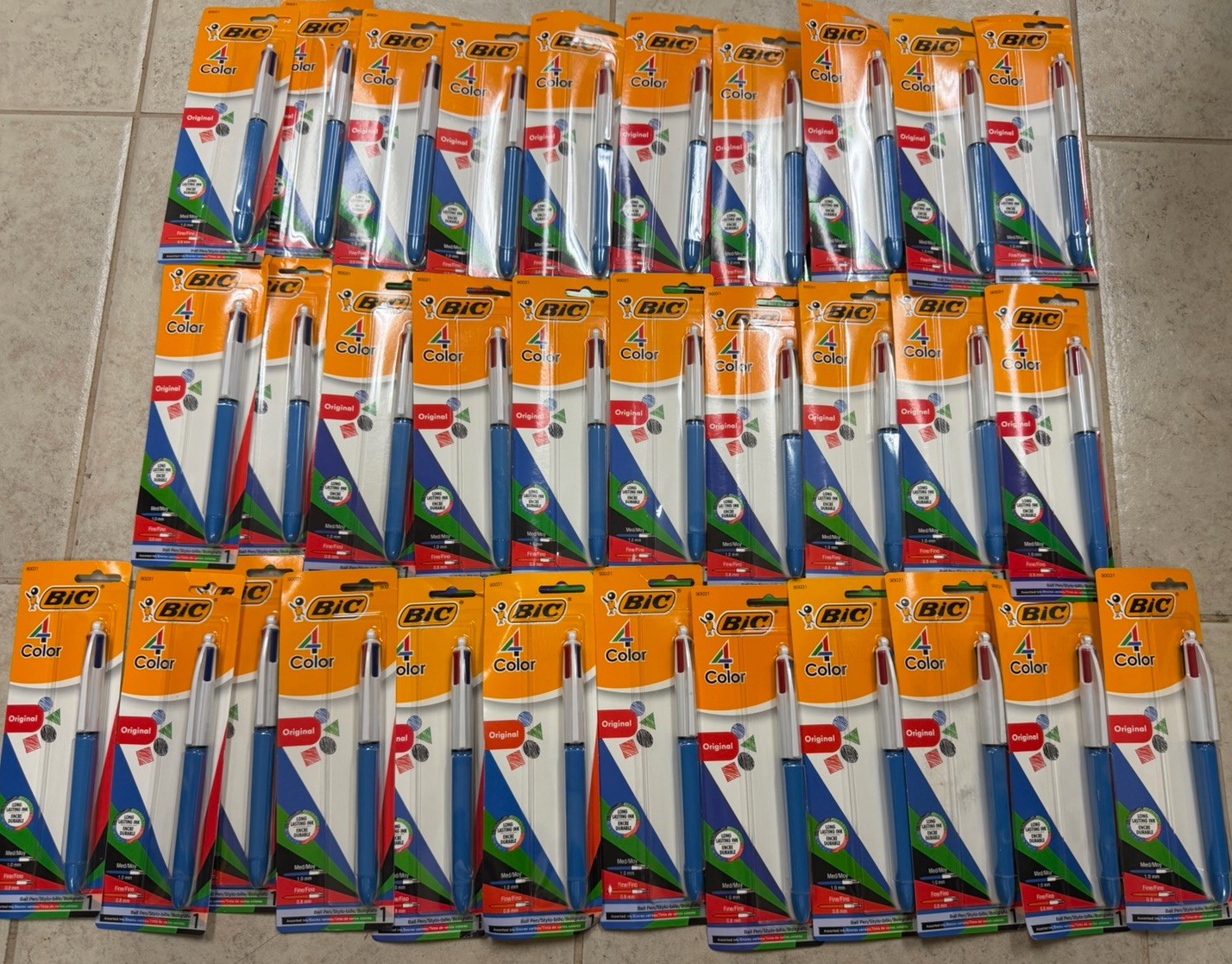 Lot Of 32 BIC 4 Color Ballpoint Pen 1mm Black Blue Green Red Ink Blue Barrel NIB