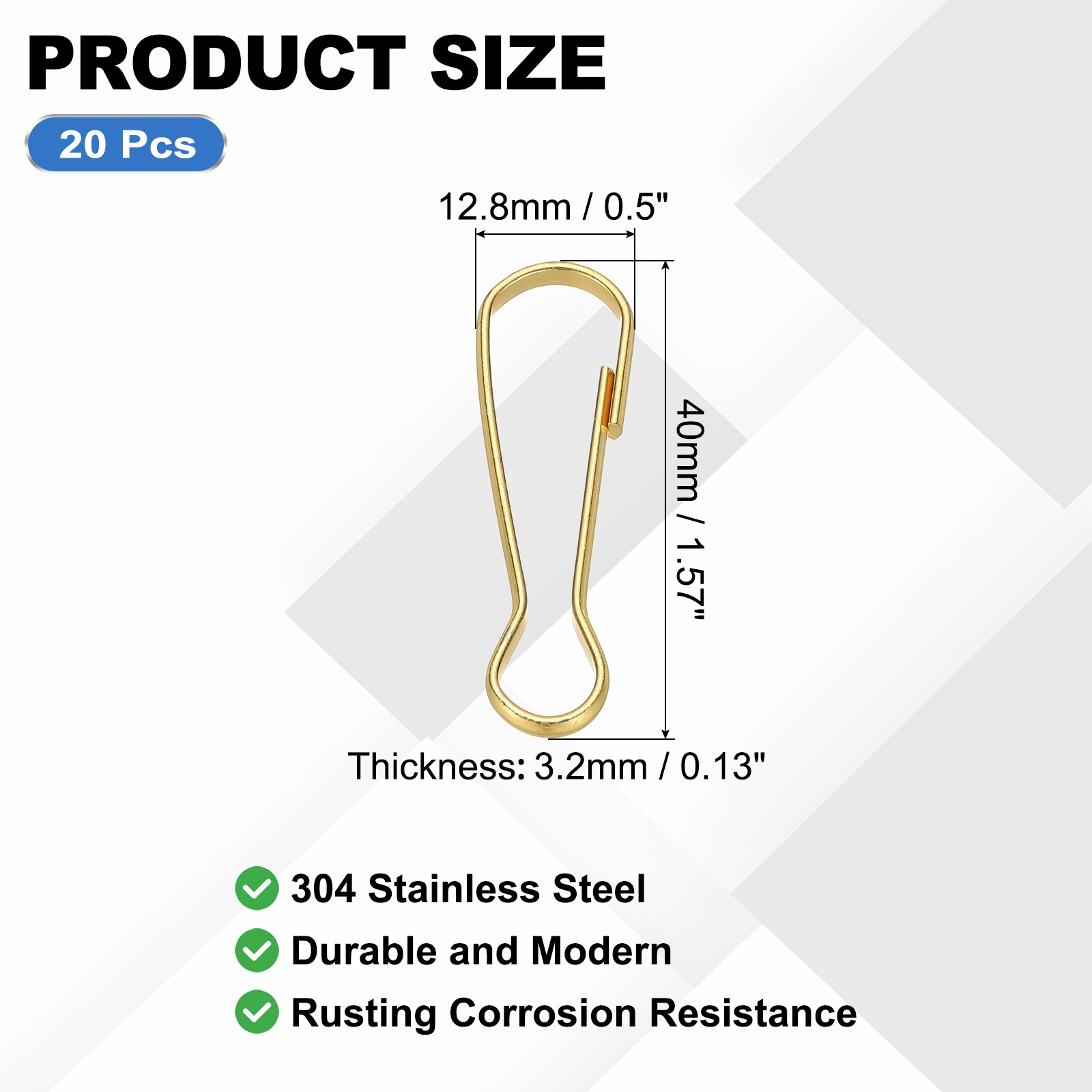 Lanyard Hooks, 20 Pcs 40×12.8×3.2mm Stainless Steel 304 Hook, Gold