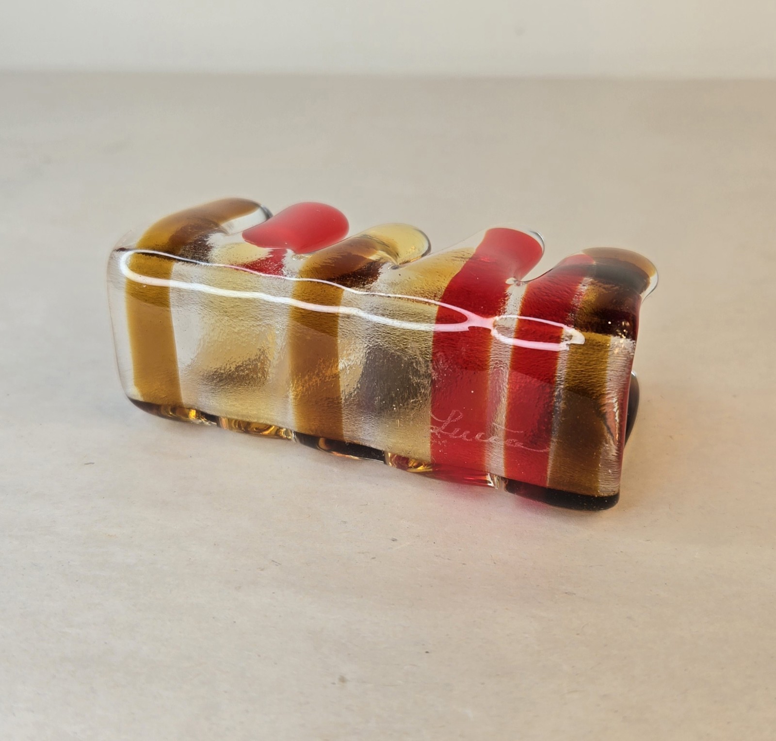Handblown Glass Business Card Holder Warm Tones Red Orange Yellow Signed LUCIA