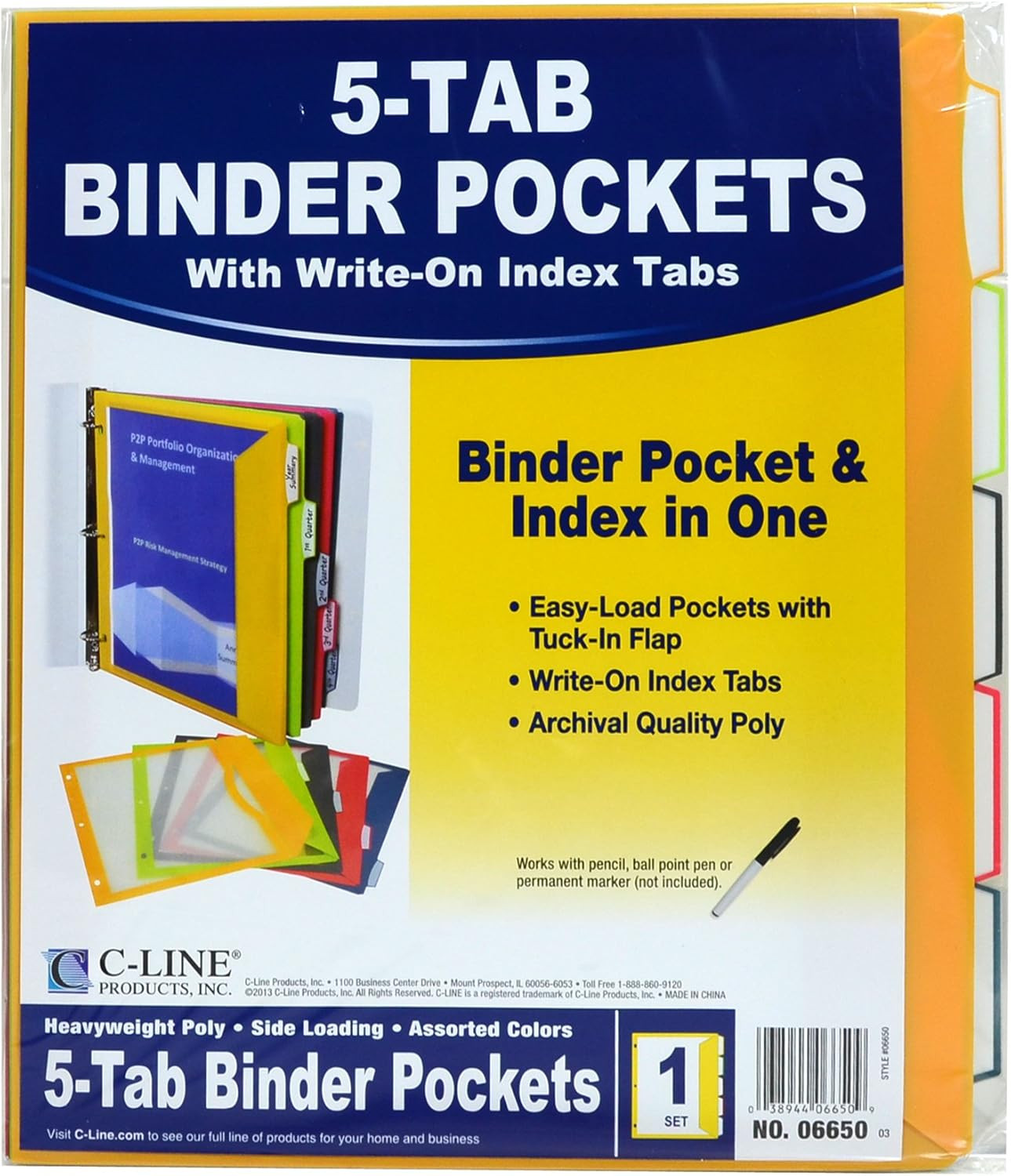5-Tab Binder Pockets with Write-On Index Tabs, Assorted Colors, 8.5 X 11 Inches,