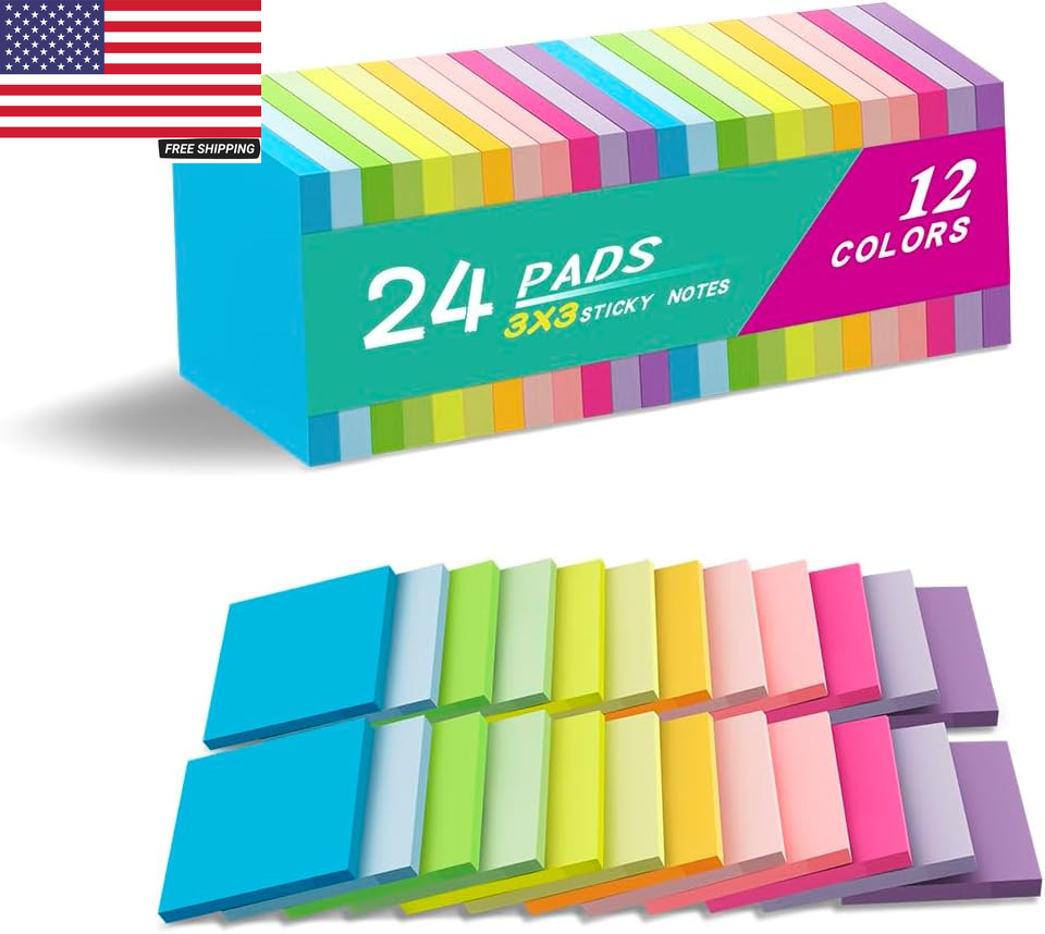 (24 Pads) Sticky Notes 3X3 Inches,Bright Colors Self-Stick Pads, Easy to Post fo