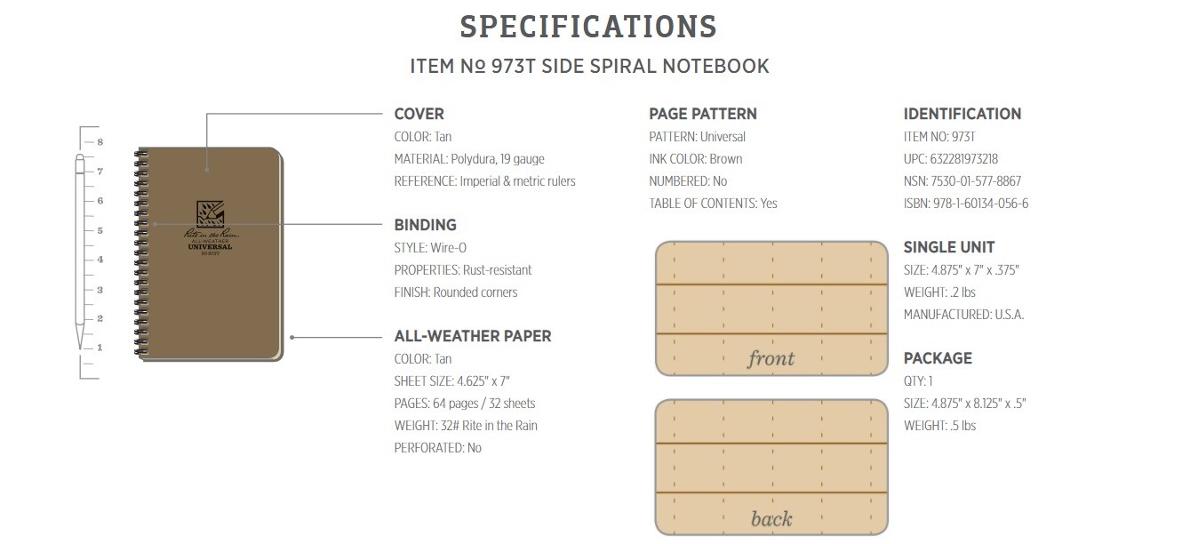 Rite In The Rain Side Spiral Binding Notebook Tan Polydura cover / 19 Gauge