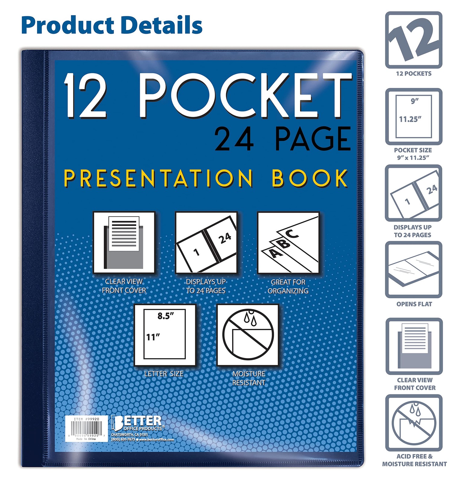 Better Office Products 12 Pocket Bound Presentation Book, Blue with
