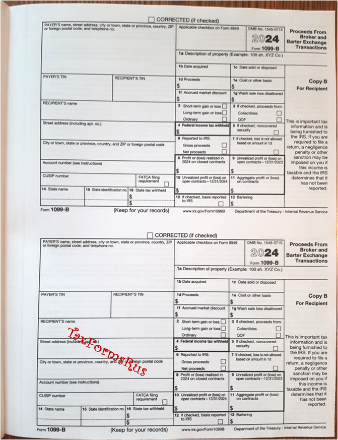 2024 IRS Tax Form 1099-B — NonCarbonless for 10 recipients + (2) 1096 — NO Env