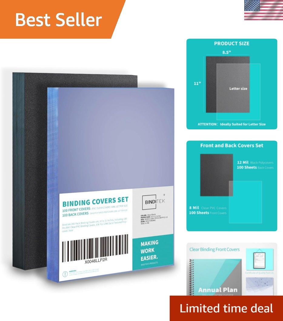 200 Pack Binding Covers and Backs Set, 8.5 x 11 Inches, 100 Clear PVC 8Mil, 1…