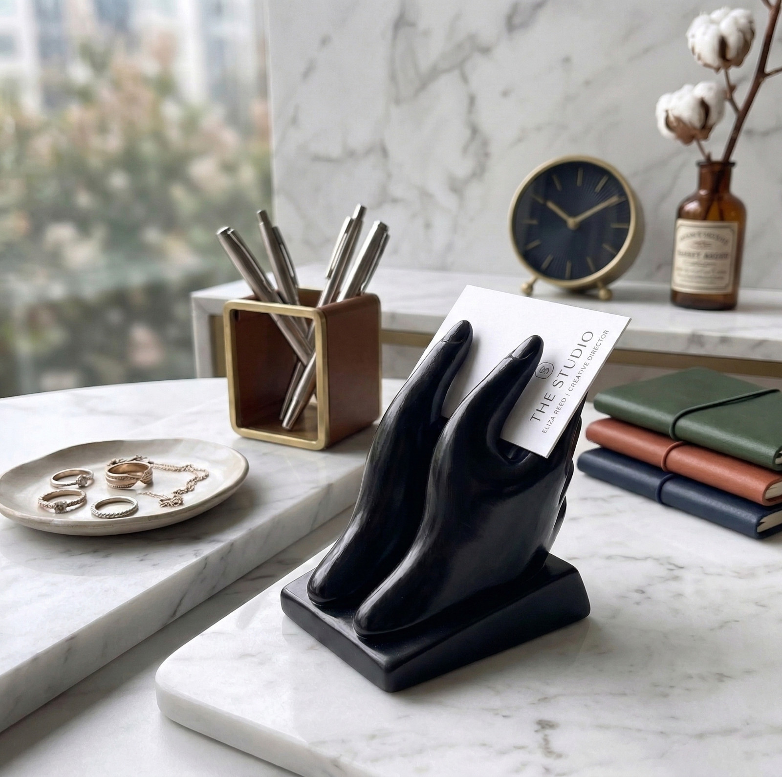 Hand Sculpture Business Card Holder Office Home Tradeshow Counter Brown Resin