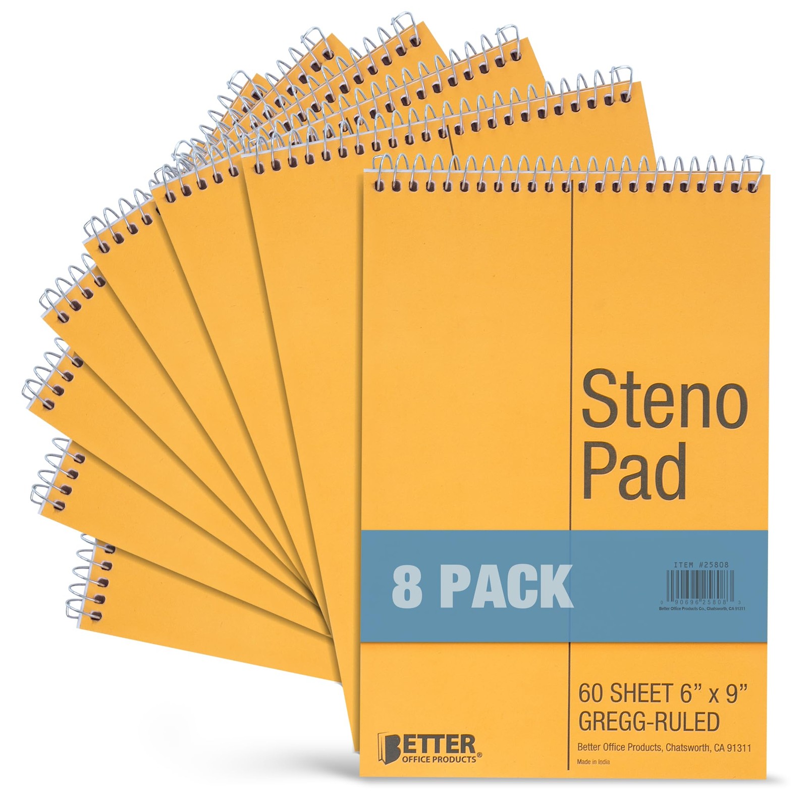 Better Office Products Spiral Steno Pads, 8 Pack, 6 x 9 inches, 60 Sheets, Wh…