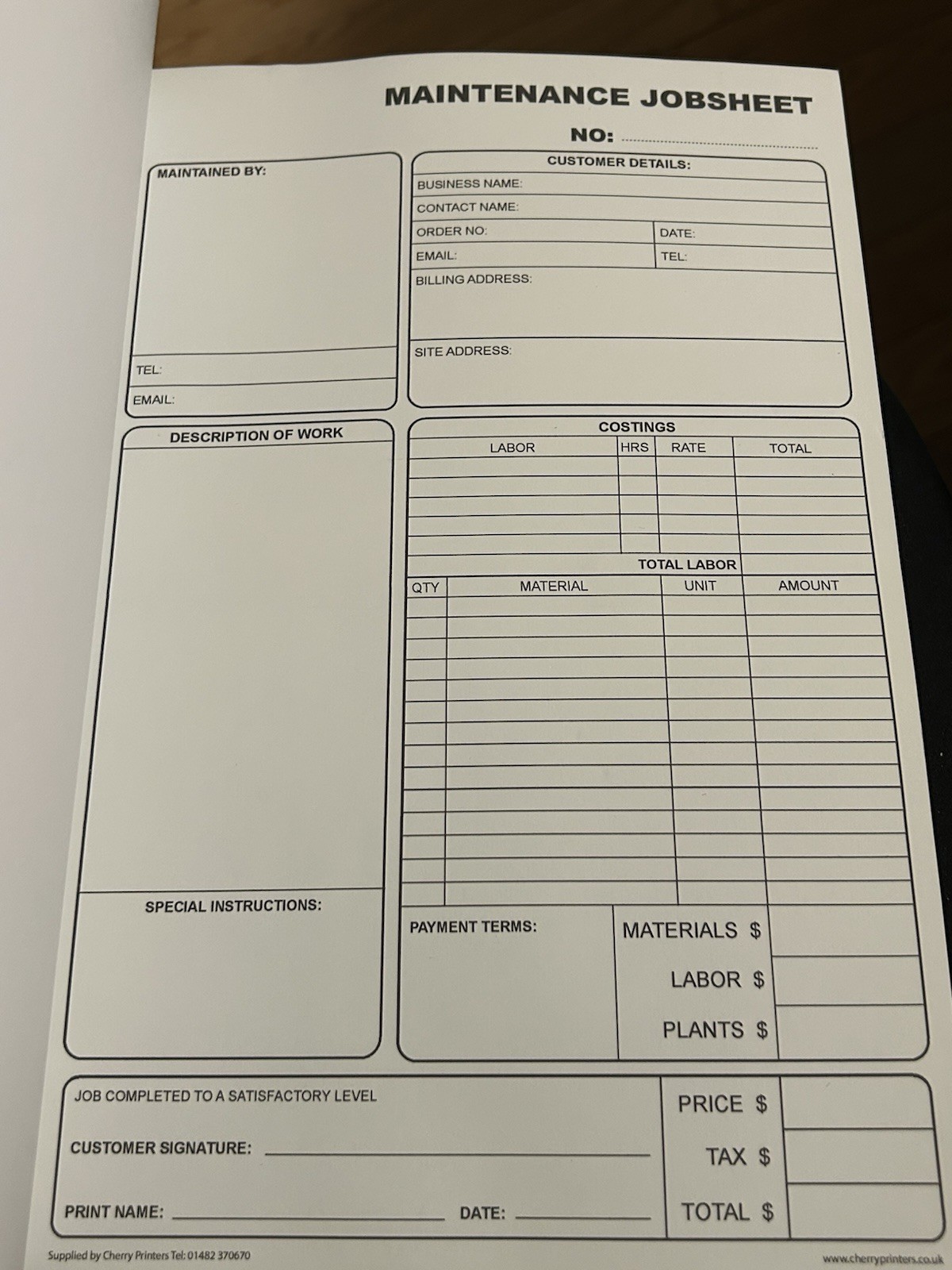 Cherry Carbonless Maintenance Job Sheet Duplicate Book 50 Duplicate Sets