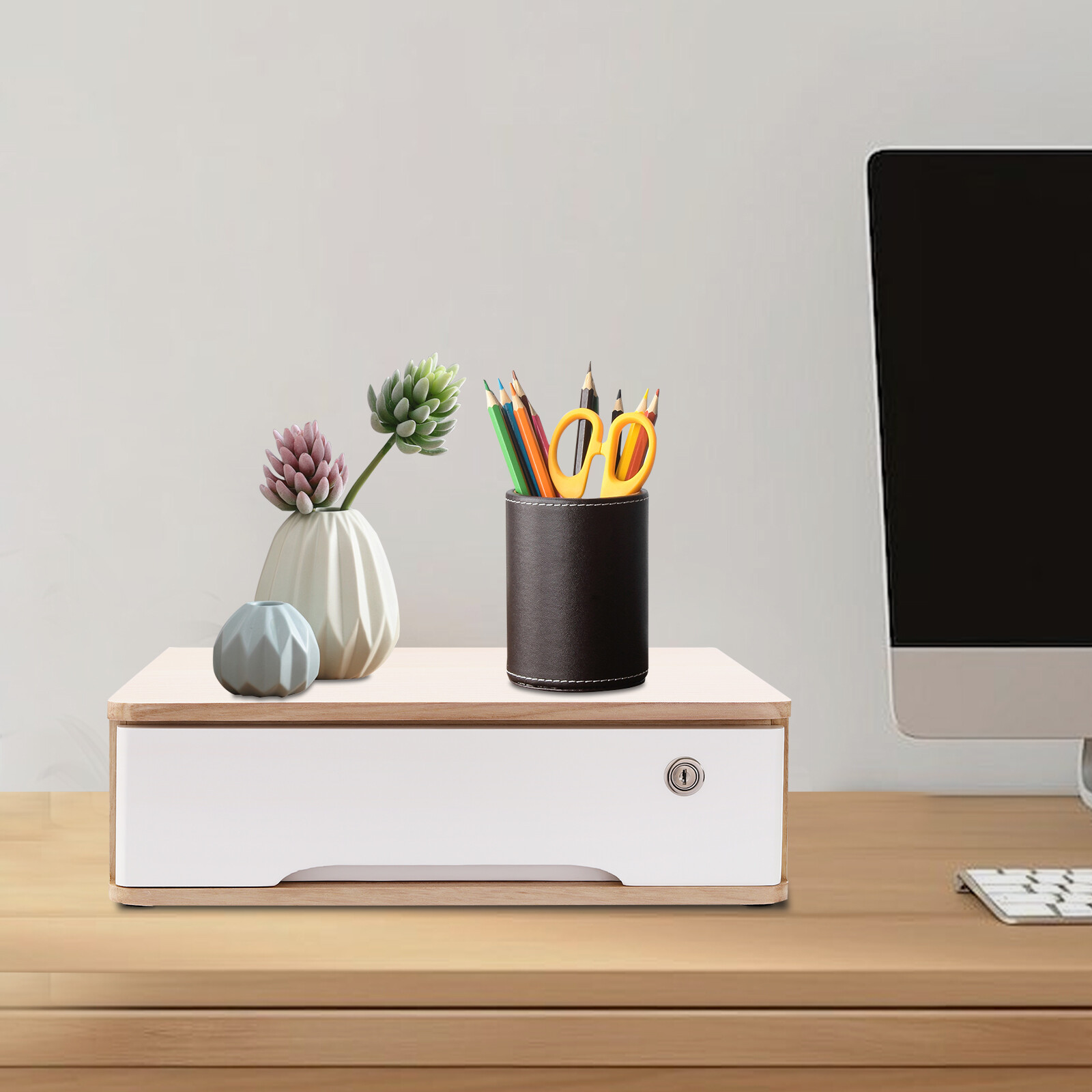 Desktop Storage Box w/ Lockable Drawer Wooden Office Supplies Drawer Organizer