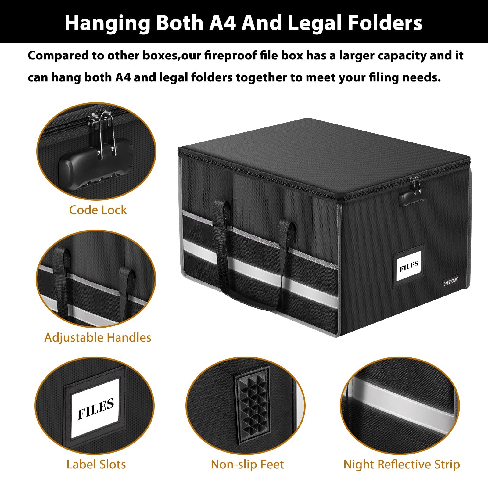 ENGPOW Fireproof Document Box with Lock, File Storage 18.9″x16.3″x11″, Black