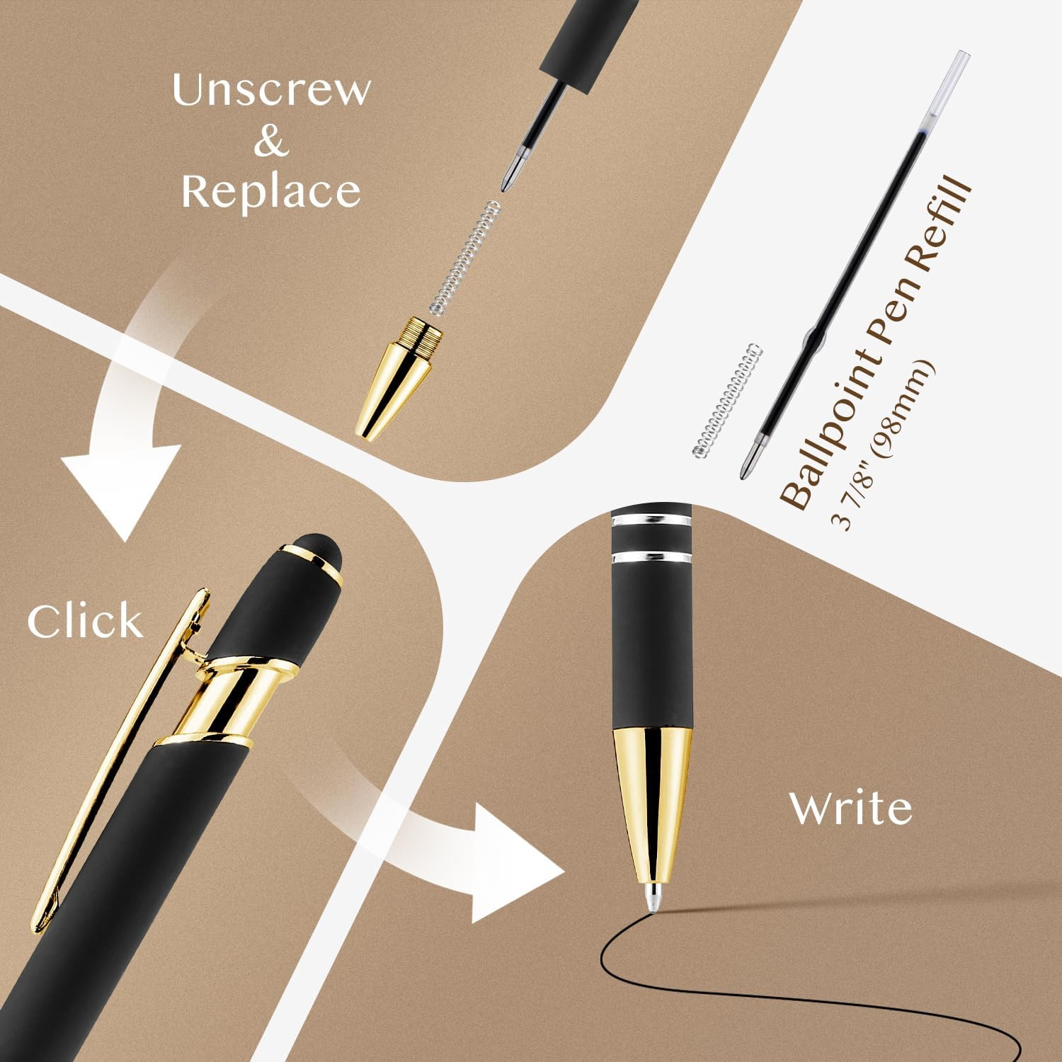 12 Pack Black Gold Ballpoint Pen with Stylus Tip, 1.0 Mm Black Ink Smooth Writin