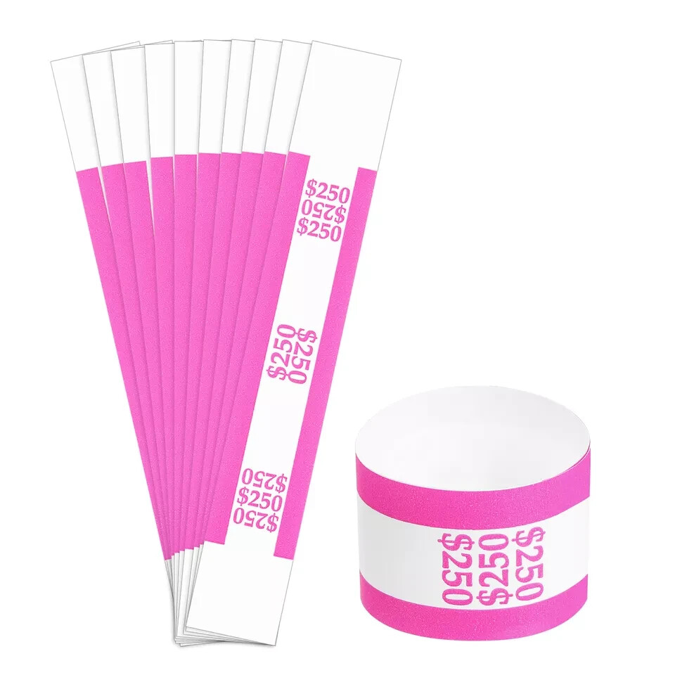 10 Self-Sealing Pink Bill Straps Holds $250 Bill Wrappers Currency Bands