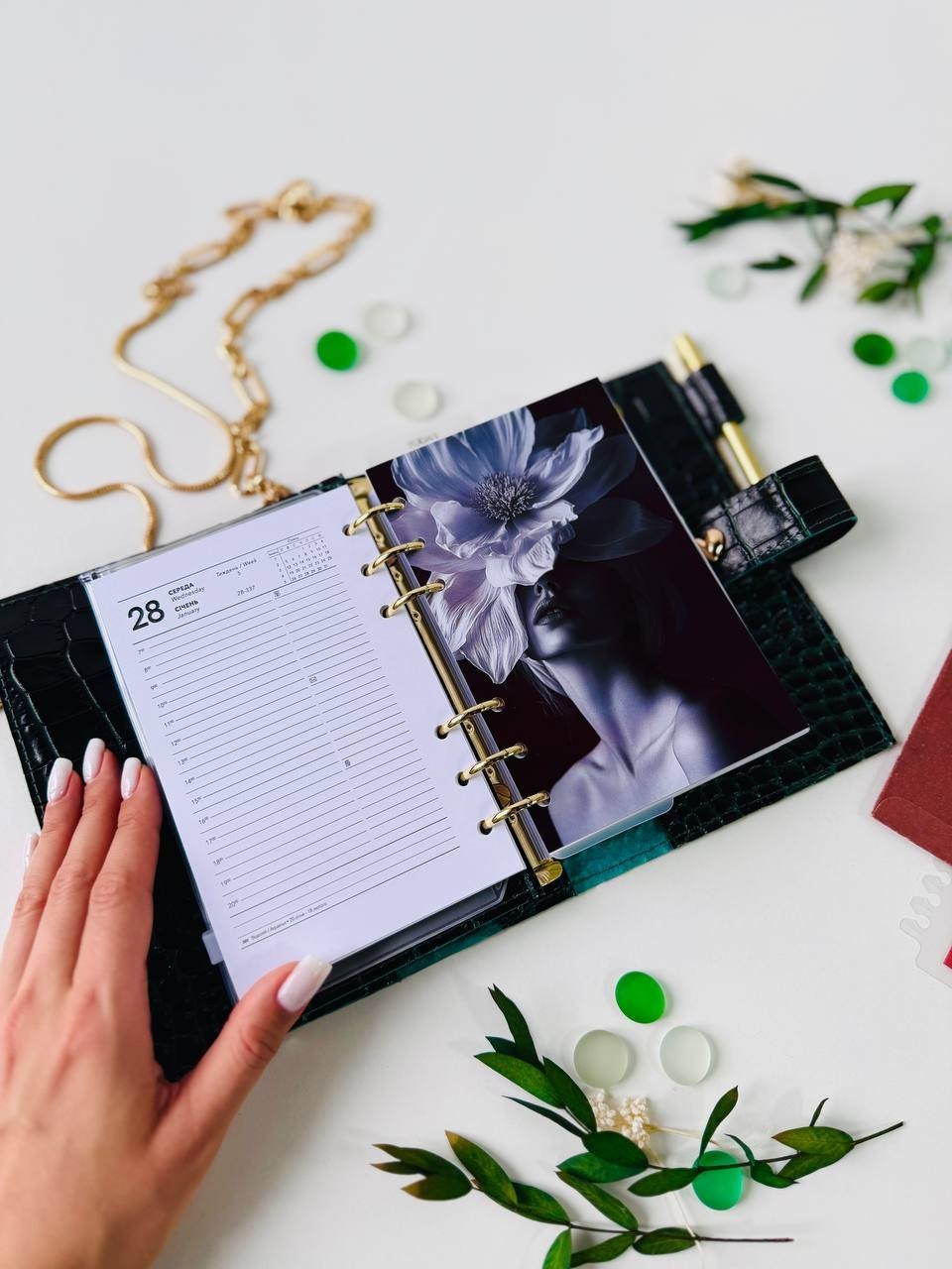 Green A6 leather notebook cover binder 6-Rings. Dated 2026 planner gift for her.