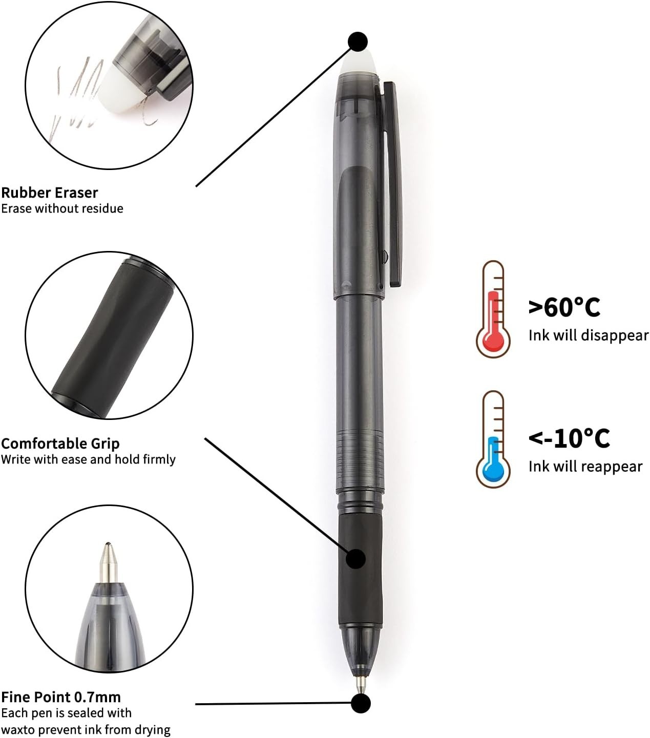 Black Erasable Gel Pens, 0.7Mm Fine Point, 12Pk W/ Eraser, Smooth Writing