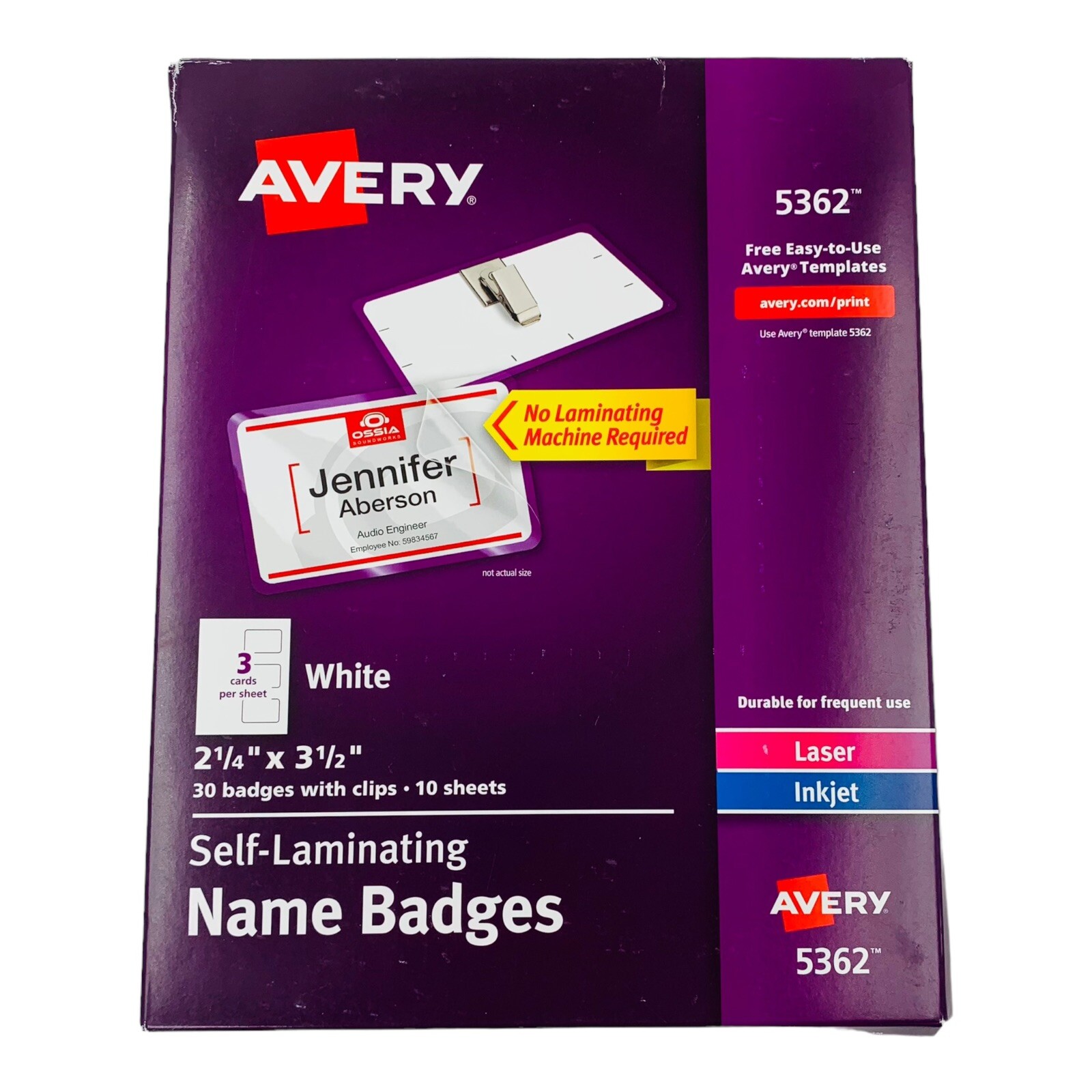 Avery Self-Laminating Name Badges with Clips 2-1/4″ x 3-1/2″ White 30 Badges