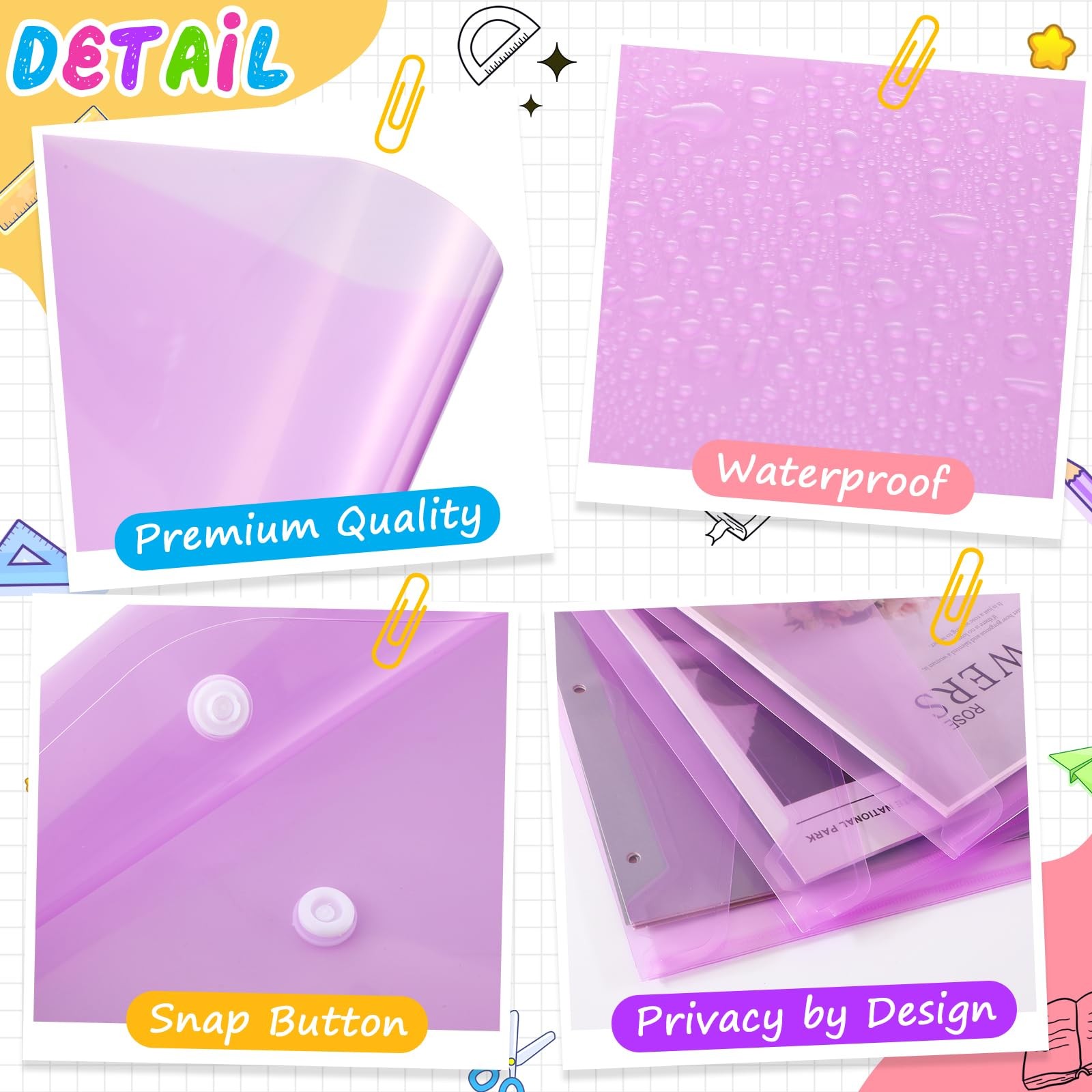 100 Pcs Clear Envelopes with Snap Button Closure Bulk A4 Letter Size Clear Pl…