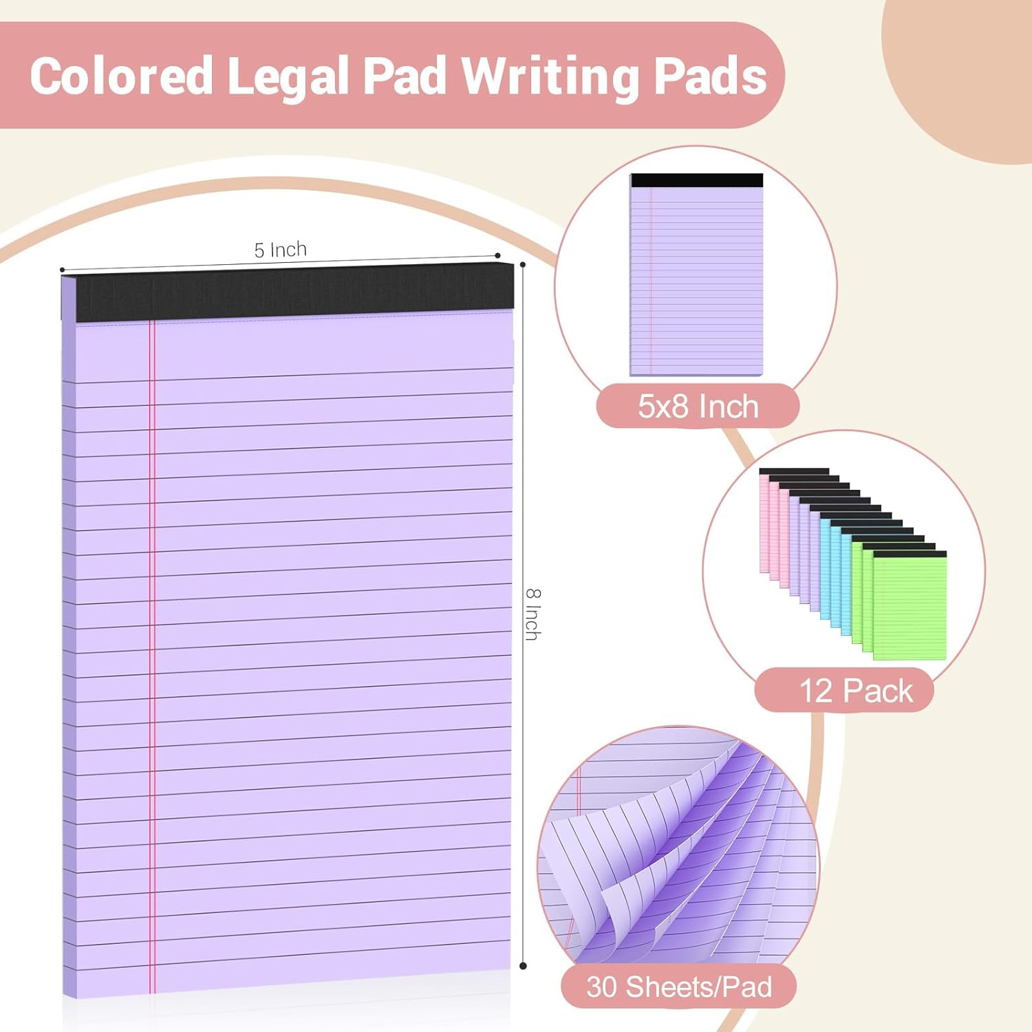 Legal Pads 5×8 Colored Note Pads, 12 Pack College Ruled Notepads 5×8 Lined Paper