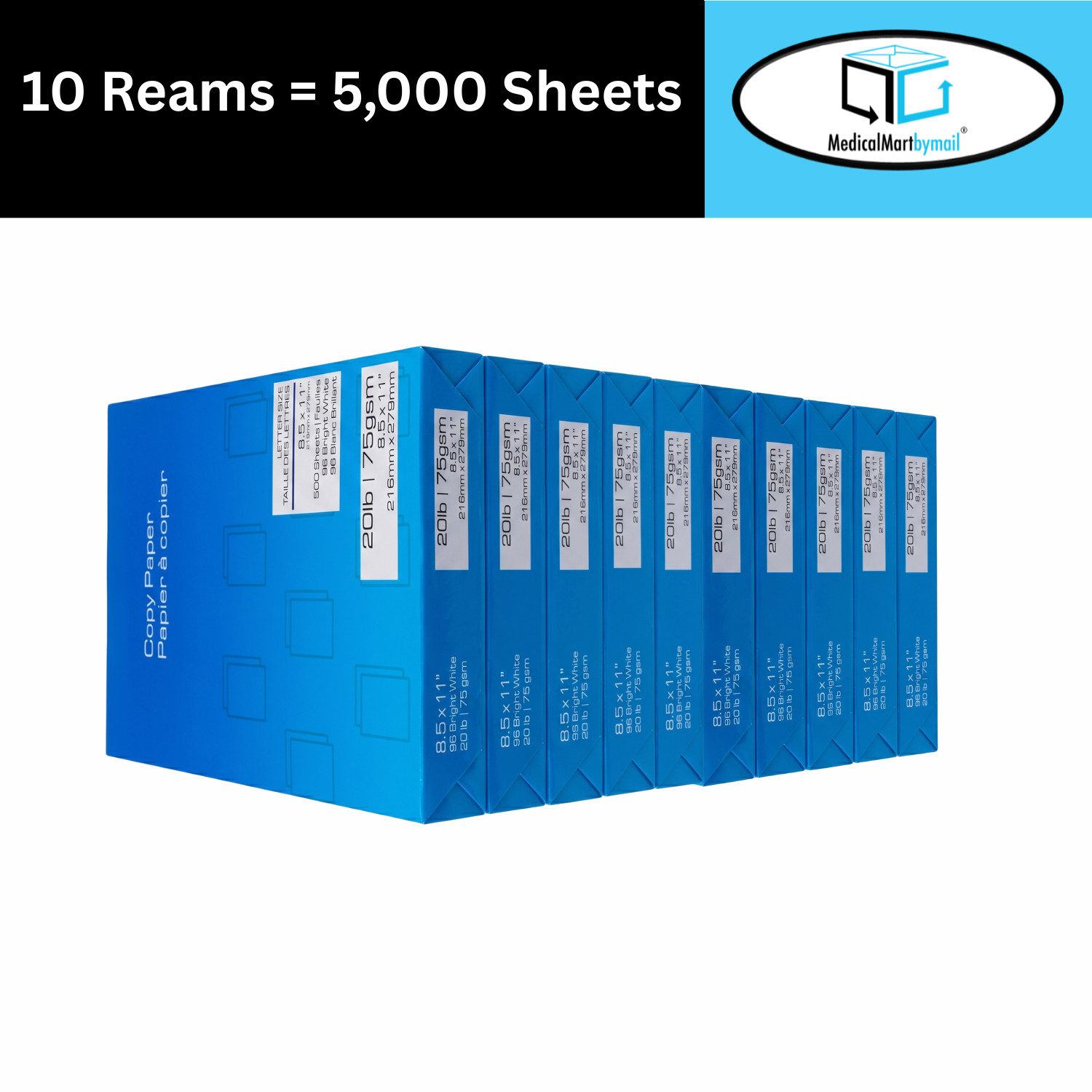 White Printer Paper 8.5″ x 11″ 20 lb 10 Reams 5000 Sheets 96 Brightness Matte