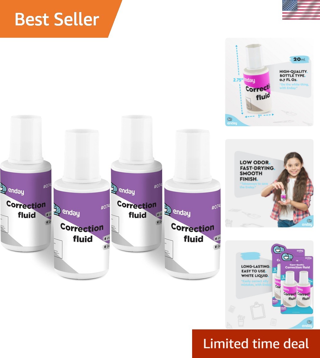 Multi-Purpose Correction Fluid Pack – 20ml Bottle, Low Odor White Ink, 4 Pack
