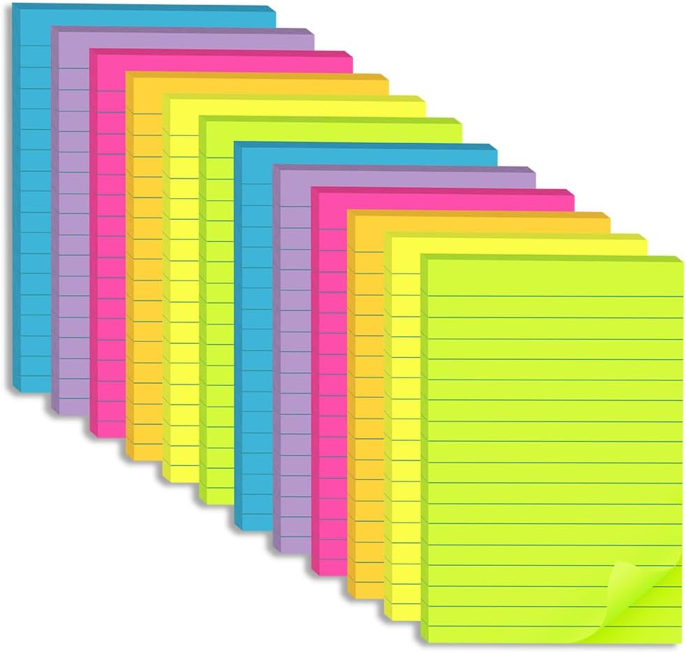(12 Pack) Lined Sticky Notes 4X6 In,Large Notepads with Lines,Ruled Stickies Sup